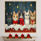 Retro Christmas Cat Print with Five Kittens in Scarves Snowy Holiday Scene Warm Festive Wall Art Perfect Gift for Cat Lovers Winter Seasonal Home Decor on Ready to Hang 1.5" Thick Canvas Wrap, Floating Framed Canvas, Flat Rolled Canvas